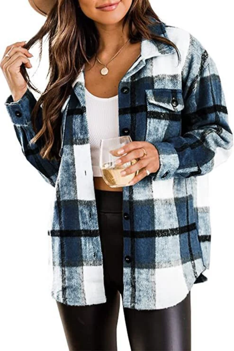 damen-karierte-strickjacke-blau